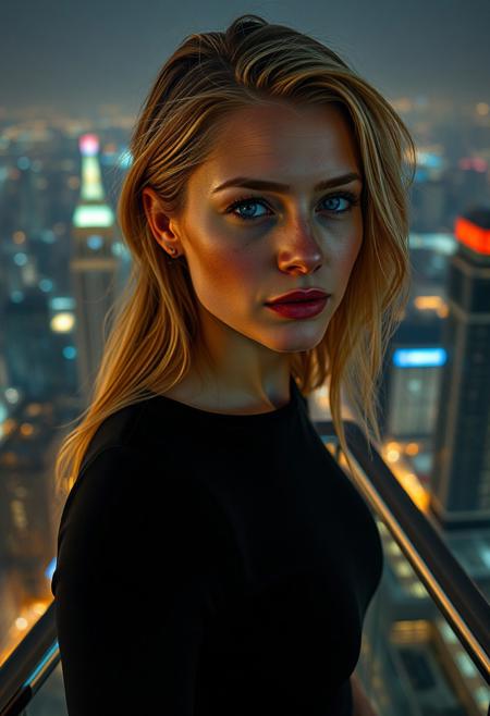 On a high-floating modern terrace above a glowing city skyline, a golden-haired woman stands motionless, her facial features captured with clinical hyperrealism. Every aspect of her skin, from tiny wrinkles to freckles and glistening highlights, is shown in extreme focus. Her golden hair, styled simply, glints with ambient reflections from the night city lights. She wears a sleek, form-fitting black dress with a matte texture, contrasting her luminous skin. Behind her, the railing of the terrace is minimalist chrome, and the blurred glow of urban architecture gives a dreamlike backdrop. The atmosphere is cinematic yet grounded, blending intimate realism with the surreal grandeur of the setting. Her expression is neutral, contemplative, radiating presence and depth.