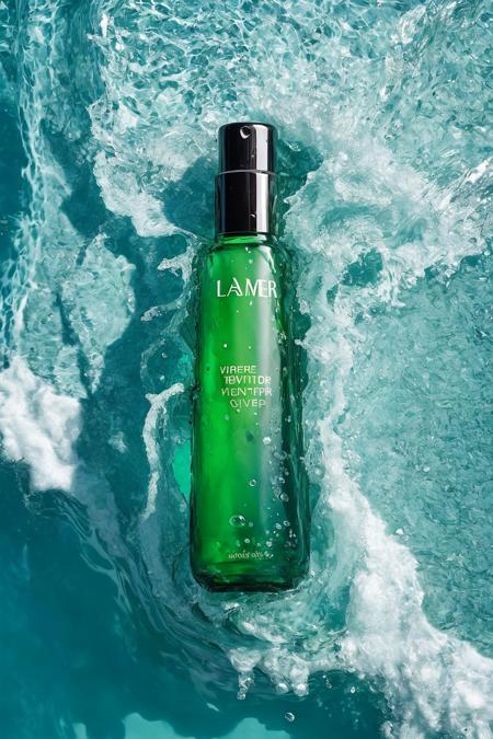 <lora:lamer_v2-000006:0.4>,lamer,Green transparent bottle,from above,no humans,still life,water,waves,splashing,