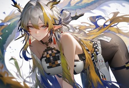 1girl, shu (arknights), horns, blue hair, green hair, grey hair, long hair, very long hair, multicolored hair, grey eyes, pointy ears, dragon horns, dragon girl, dragon tail, colored skin, blonde hair, 