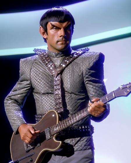 romulan, male, (taibak:1.2), pointy ears, medium olive skin, brown eyes, v-shaped brow ridge on forehead, short bob hair with straight bangs, wearing romulan uniform, wearing belted harness, grey clothing, photograph, raw photo, playing an electric guitar, on a stage, arena, wide shot, john fleck, <lora:romulan_lora:0.7>