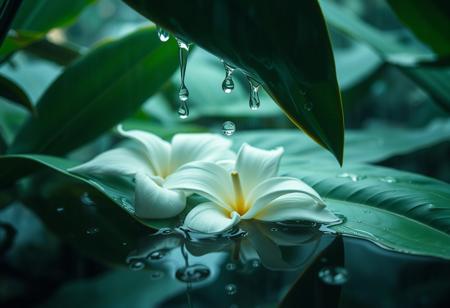 Cinematic photography, rainwater pooling in hollow of tropical leaf resembling body curve, droplets sliding down like sweat, oversized gardenia floating in water, setting: steamy greenhouse at downpour, mood: primal release, lighting: raindrop-refracted jungle light, color theme: emerald and creamy white, camera: ARRI Alexa Mini