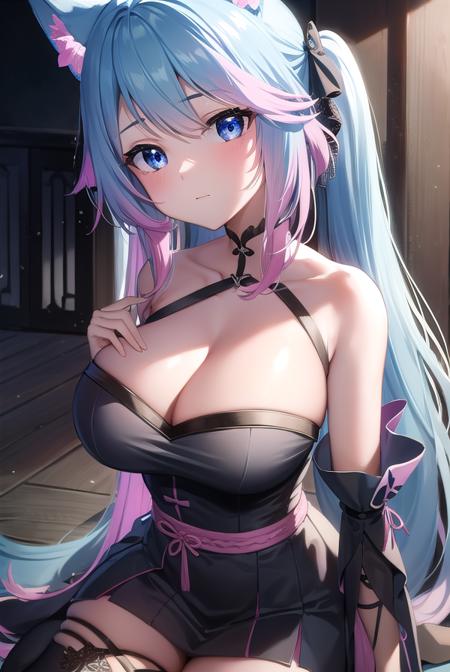 silvervale, animal ear fluff, animal ears, blue eyes, blue hair, long hair, multicolored hair, multicolored tail, pink hair, pink tail, streaked hair, swept bangs, tail, thighhighs, twintails, white thighhighs, wolf, wolf ears, wolf girl, wolf tail, black footwear, black kimono, black sleeves, cleavage, criss-cross halter, detached sleeves, floral print, flower, hair flower, hair ornament, halterneck, japanese clothes, kimono, shoes, thighhighs, twintails, white thighhighs,