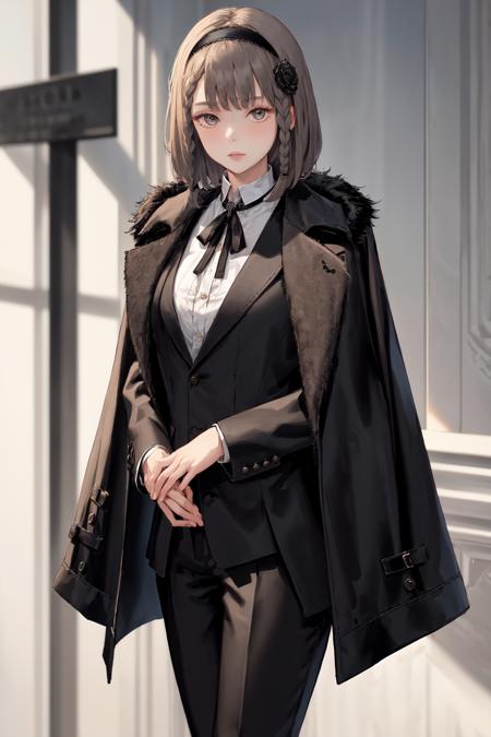 masterpiece, best quality, highres, 1girl short hair hairband hair flower braid, black jacket black fur trim black coat suit long sleeves shirt collared shirt neck ribbon black pants suit <lora:oscar:1> looking at viewer