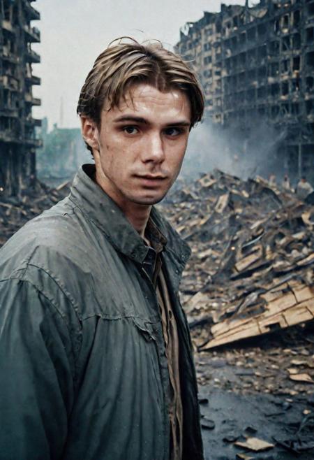 Photo of a man who is standing looking at how his city has been destroyed by a nuclear bomb. He has just arrived at the disaster and observes the horror of the destruction, ruined buildings full of smoke and flames, ground full of rubble with skeletons lying around In the dawn light floods the scene, the man is completely dressed in normal clothes and wet, he is dirty, everything is a disaster, the sky is cloudy and it is raining, , Fujifilm XT3,film still,film grain,cinematic,soldier accessories,war style, professional photo,best quality and best aesthetic,Award-winning artistic photos,Outdoors,public places,( detailed in background:1.6)Perfil,18-20