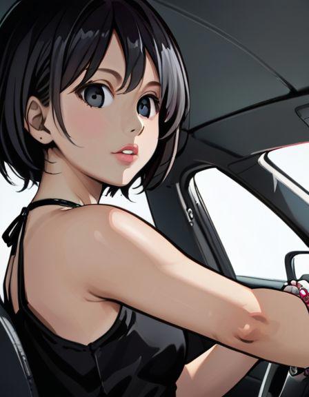 aoi tsukasa, 1girl, solo,  bracelet, jewelry, realistic, black short hair, black eyes, ultra pose
inside a car , (body shot)
(<lora:Aoi_Tsukasa:1> Aoi Tsukasa),
parted lips, (black room background:1),