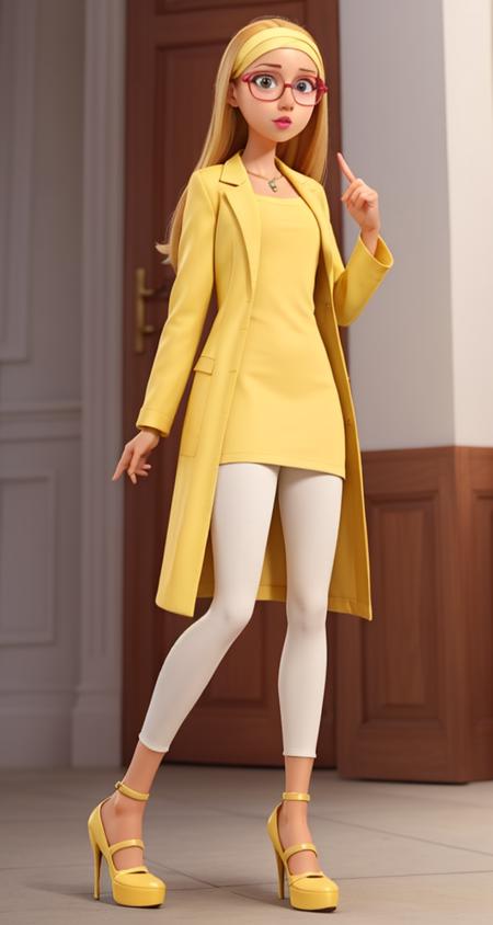 <lora:VRAMsHoneyLemon640:0.5>, 1girl, xyzhoneylemon, long hair, portrait, glasses, masterpiece, hairband, high heels, blonde hair, full body, yellow dress, yellow lab coat, white leggings