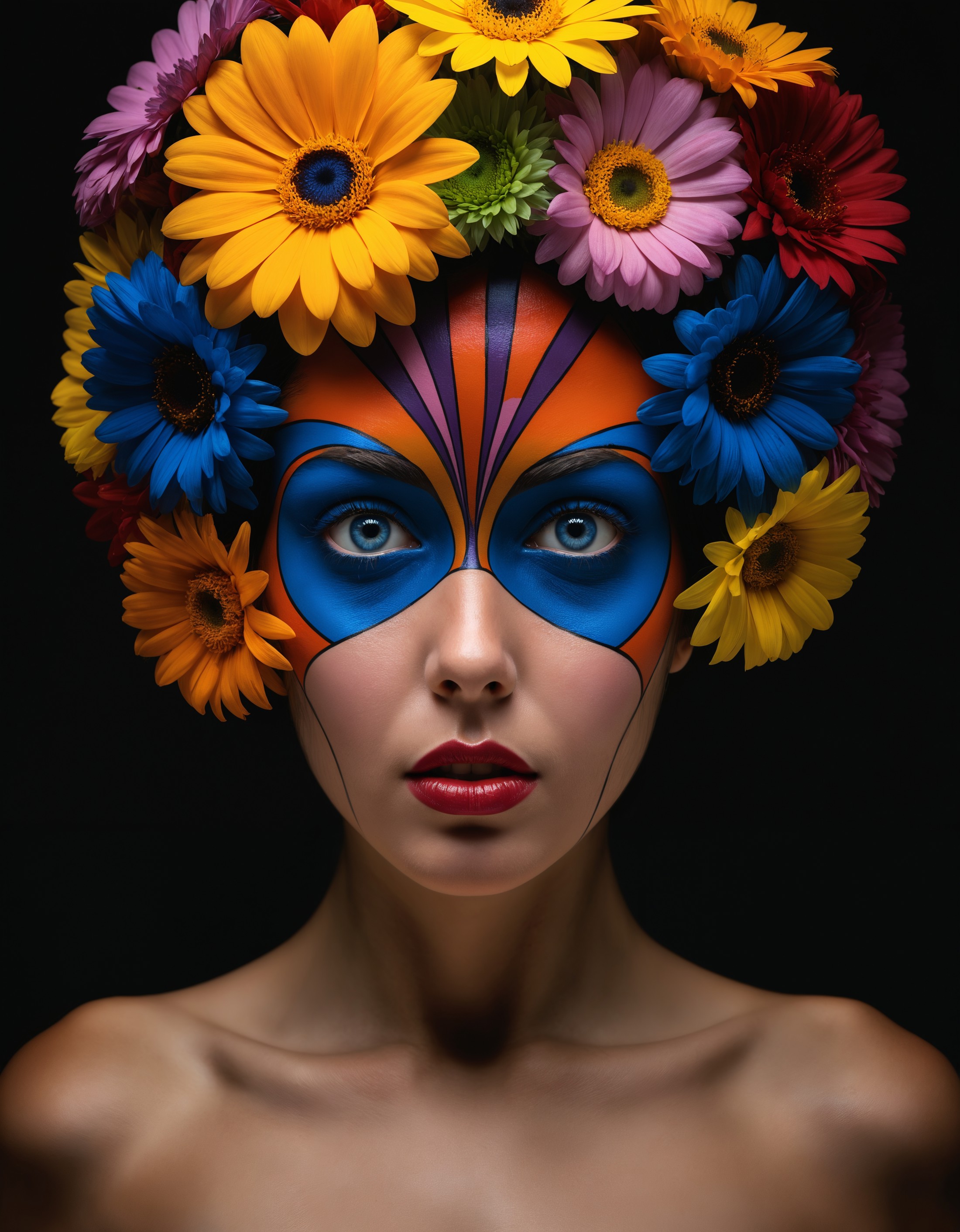 award winning photograph of a mysterious woman with a flower in her head,, amazing depth, masterwork, surreal, geometric p...