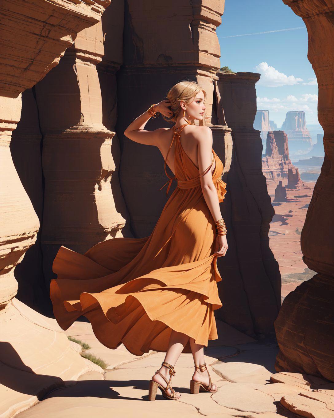 canyonlands national park, (style of Peter Lindbergh) adult woman from [behind|the side], flowing lightweight ([earthtone|orange|copper|orange] dress:1.5), earth tones, silver jewelry, walking in desert ravine, deep canyon, rugged terrain, soft sunlight, long shadows, minimalism, natural stones, introspective expression, desert rocks sand backdrop, backlighting, raw atmosphere, gold belt, sandals, leather straps, minimalist design, worn texture, low heel, open-toe, desert dust, subtle stitching, (sideboob:1.5) , (- looking surprise:1.2), vibrant colors