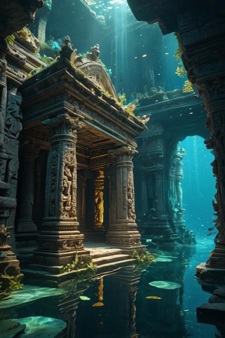 A serene underwater temple, its ancient stone walls covered in intricate carvings and adorned with glowing, crystal-like formations. Schools of exotic fish and other sea creatures swim gracefully through the temple's halls, which are filled with shafts of filtered sunlight. 8K