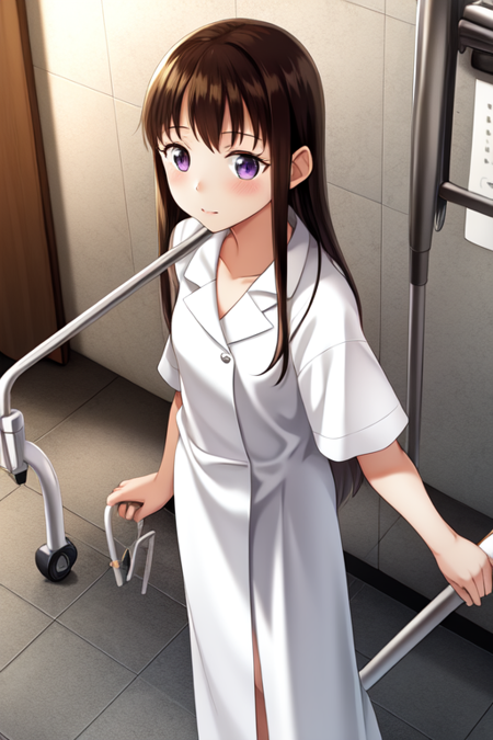 toudoukana, 1girl, solo, hospital gown, crutches