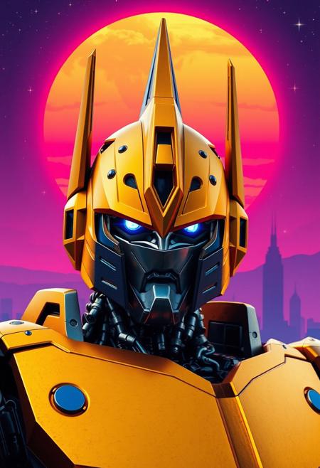 cone-shaped helmet, gold and blue transformer, decepticon, villain pose, photograph with a purple sky, cosmic stars, an orange and blue synthwave sun background. Slightly turned.  Ultra-detailed. Hyper-realistic. Metal city landscape