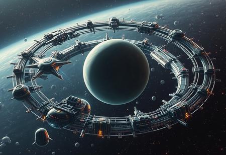 "The Glitter Band in the year 2487, possibly the most impressive technological, political, and social experiment ever conducted. All in all, ten thousand different space habitats of varying size and complexity, clustered together in orbit, in the form of an an (((artificial orbital ring encircling the yellowstone planet))), located in the epsilon eridani system. In total, the various habitats of the orbital ring were home to over one hundred million human souls, their society kept together by demarchist principles, through a system of governance determined by subconscious polling conducted via neural implants. Their technology so advanced, that it would almost seem like magic to us." ((cinematic scifi concept-art illustration))