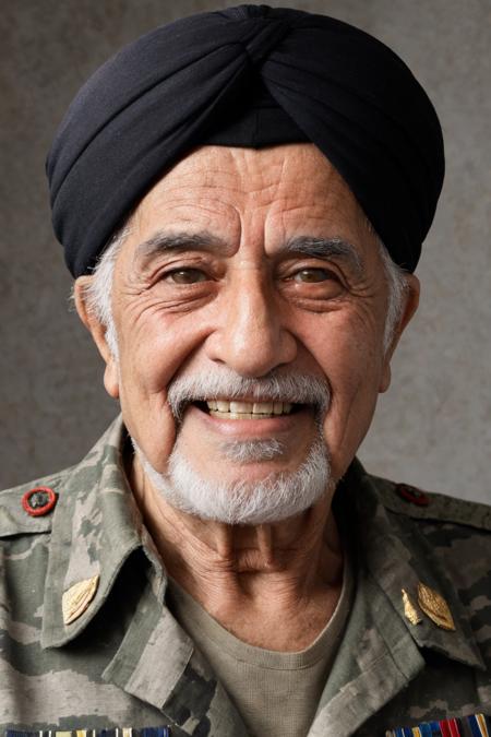 close-up photo portrait of a 80 yo aged Arab man, short grey hair, beard, black eyes, joyful face expression, turban, holding ak-47, military, simple background