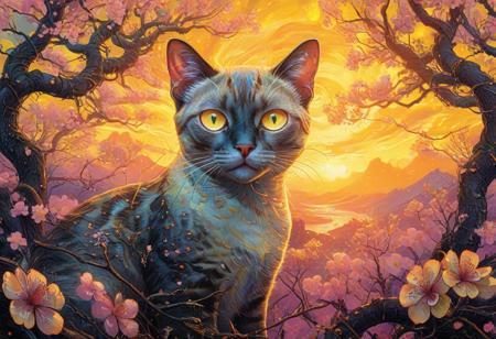 PsychadelicChaos, absurdres, high resolution, detailed, stylized by Alex Ross, Marc Silvestri, photograph, close up of a In a surreal landscape, the iconic Siamese Cat psychadeliced in a vibrant Enticing Yellow psychadelic is seen in front of a backdrop of cherry blossom flowers. at Sunset, Light, Gadgetpunk, Cold Lighting, Kodak portra 800, 80mm, One Color, <lora:Upgraders\Detail Tweaker XL:1.0>, <lora:Challenge\aidmaPsychadelicChaosWorldMorphXL-V0.1:1.0>