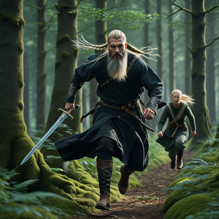 side view,  IllusP0s, lazypos, side view, full body, (masterpiece, best quality), detailed face, 4k, 8k, man, Nordic male sword in hand runnig away from monster in forest, <lora:NordicByNature:1>, long hair, facial hair, White beard, male with braids,