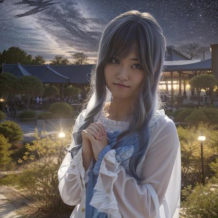 <lora:twcoser_02:0.7>, 1girl, solo, photorealistic, realistic, (outdoors, park garden), cosplayer, looking at viewer, starry,strry light,night,colorful,cloud,star \(sky\), <lora:lightAndShadow_v10:0.5>, (hanfu:1.1)