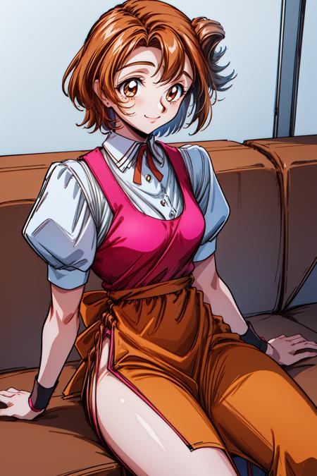 1girl, restaurant, smile, cowboy shot, sitting, 
vg_satomi, brown eyes, brown hair, short hair, bangs, ribbon, wristband, puffy sleeves, puffy short sleeves, white shirt, shirt, apron, side slit, <lora:VG_satomi_lora_ver:0.7>, best quality, masterpiece, highres, <lora:GoodHands-vanilla:1>