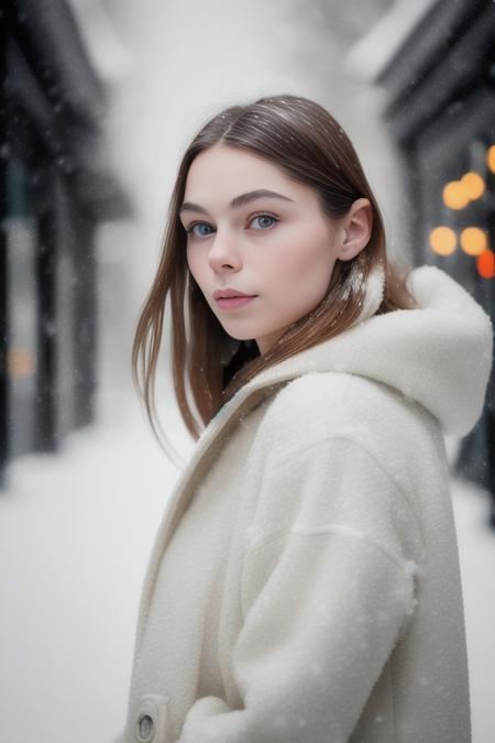 professional portrait photograph of BiancaPanconi  in winter clothing ,  beautiful symmetrical face, cute natural makeup, wearing elegant winter fashion clothing, ((standing outside in snowy city street)), stunning modern urban upscale environment, ultra realistic, concept art, elegant, highly detailed, intricate, sharp focus, depth of field, f/1. 8, 85mm, medium shot, mid shot, (centered image composition), (professionally color graded), ((bright soft diffused light)), volumetric fog, trending on instagram, trending on tumblr, hdr 4k, 8k <lora:BiancaPanconi:0.9>