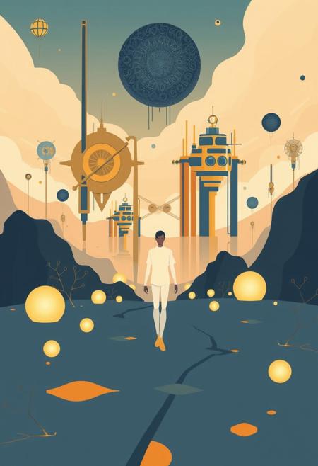 Modern flat design illustration featuring a two-dimensional, elongated human figure walking through a surreal landscape of biomechanical structures, floating spheres, and glowing orbs.  Simple shapes, gold, blue, and bronze colors, infinite sky, organic and mechanical fusion.