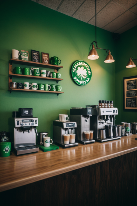 ShamrockWorld, coffee bar, cinematic photography  <lora:ShamrockWorld_IXL:1>