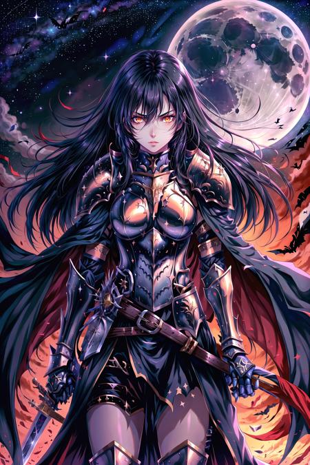 Vampires of Doom,  1girl,  solo,  long hair,  looking at viewer,  black hair,  holding,  standing,  weapon,  sky,  belt,  sword,  cape,  holding weapon,  armor,  orange eyes,  night,  holding sword,  moon,  shoulder armor,  gauntlets,  star (sky),  night sky,  full moon,  starry sky,  pauldrons,  shield,  breastplate,  holding shield, <lora:EMS-51635-EMS:0.800000>