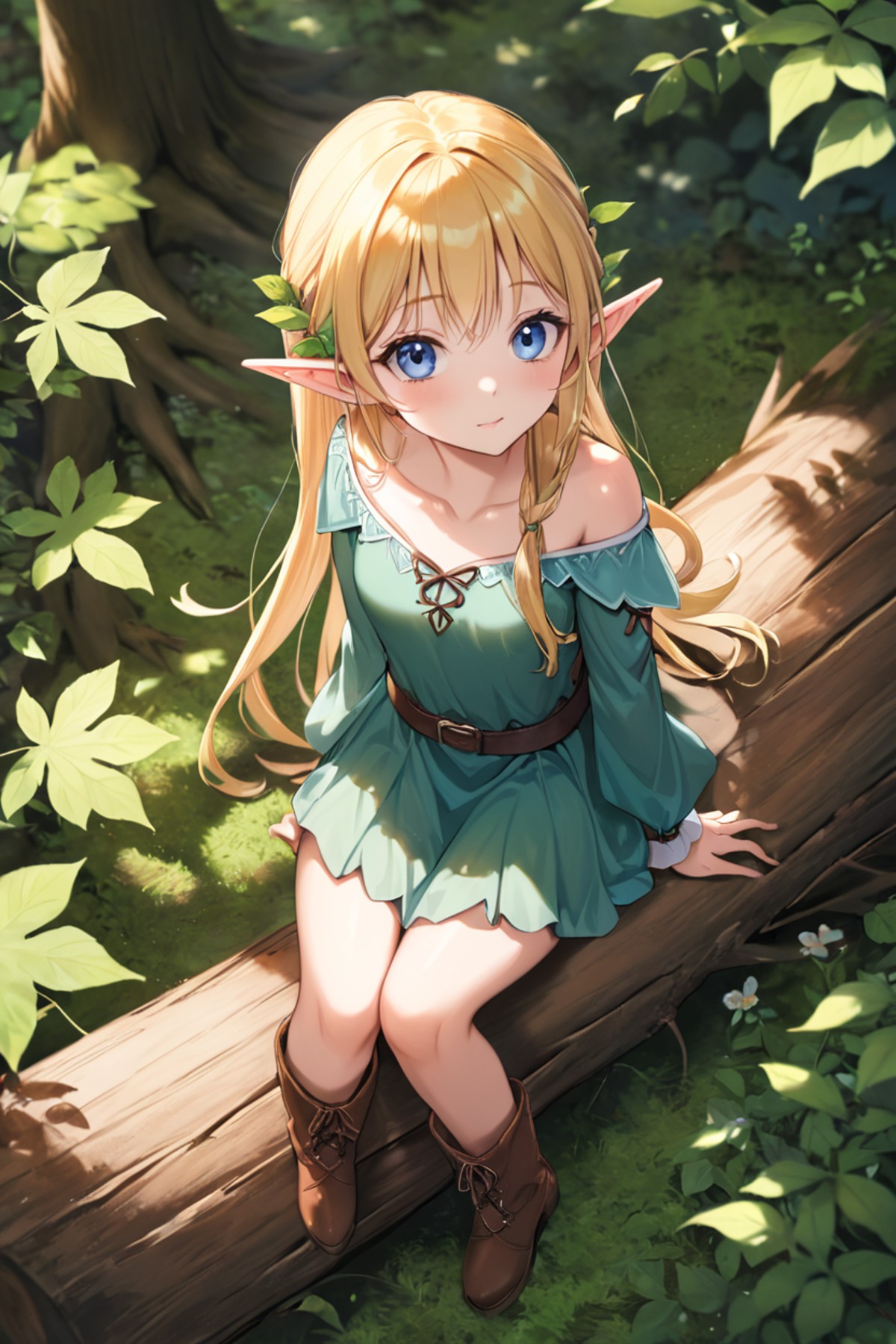1girl, solo, elf girl, elf ears, pixie, sitting on log, forest, blue eyes,from above,looking up,ground,blonde hair,(dapple...