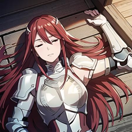 masterpiece,best_quality,hires,high_resolution,<lora:cordeliaBetaV4-000030:0.7>, (cordelia_fe,beautiful eyes, red_eyes, red_hair, white hair_ornament,slim_body,woman,1girl),(armor:1.6), (inside a stable, light rays shining in, she is lying against a wall fast asleep, eyes closed, snoring)