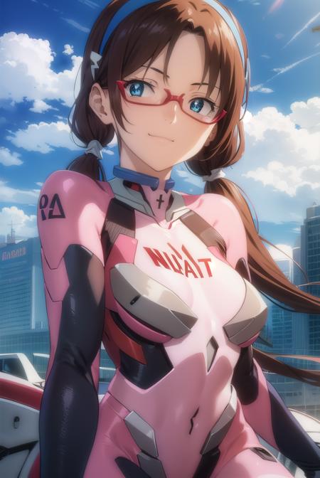 marimakinami, <lora:mari makinami rebuild-lora-nochekaiser:1>,
mari makinami, long hair, brown hair, twintails, (low twintails:1.5), hairband, blue hairband, blue eyes, (parted bangs:1.5), smile,
BREAK bodysuit, mecha, science fiction, red-framed eyewear, pilot suit, plugsuit, pink bodysuit,
BREAK outdoors, city, sun, sky, clouds,
BREAK looking at viewer, (cowboy shot:1.5),
BREAK <lyco:GoodHands-beta2:1>, (masterpiece:1.2), best quality, high resolution, unity 8k wallpaper, (illustration:0.8), (beautiful detailed eyes:1.6), extremely detailed face, perfect lighting, extremely detailed CG, (perfect hands, perfect anatomy),