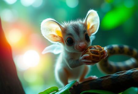furry little translucent mammal in a rain forest zoomed in, rainbow of light reflection off dew, green and vivid colors, wild fog, large eyes, transparent body, invisible like a jelly fish, huge ears, very cute, incredibly adorable, eating a nut, fungal hair, see through, wings, amazing atmosphere, snake in background, mystical realm, floating orbs of light