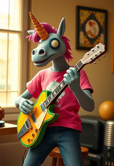 a weird Peruvian dvd that is a mix of cel animation, claymation, early CGI, and live-action, a creepy CGI man in a pink unicorn t-shirt holds a guitar in one hand, and a Croissant in the other,