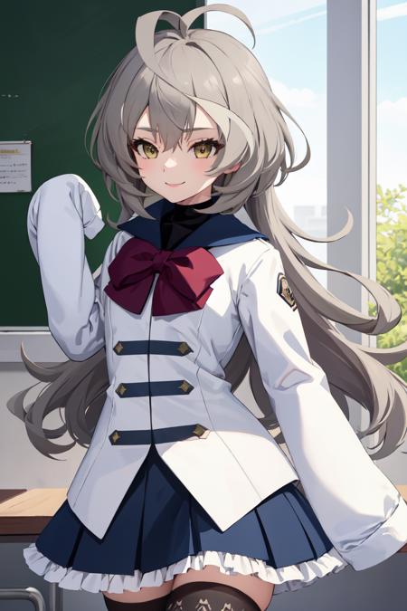 masterpiece, best quality, absurdres, perfect anatomy, 1girl, solo, SasakiRan, long hair, streaked hair, ahoge, school uniform, red bowtie, white jacket, (sleeves past wrists), black shirt, blue skirt, print legwear, smile, indoors, classroom, <lora:SasakiRan:1>