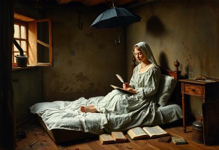 Old Painting in the style of Carl Spitzweg, dark atmosphere, A poor and  ill looking young woman in a dirty messy room with a leak in the ceiling and with a little window in the wall on the left an an old iron oven in front of it, sitting in nightgown with a nightcap on a mattress without a bed on the floor under white sheets an pillows, writing in a book with a feather, an open umbrella at the ceiling, books lying in front of the bed, wooden floor, in the style of Carl Spitzwegs the poor poet