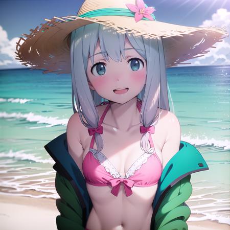 best quality, (masterpiece:1.2), highly detailed, outdoors, day, sunrays, beach, sand, ocean, anime style,
1girl, solo, <lora:chara_Eromanga-sensei_Sagiri_v1:0.8>, sagiri, open mouth, smile, blush, standing, from front, looking at the viewer, small breasts, upper body,
grey hair, long hair, multicolored hair, blue eyes, pink bow, pink bikini, sun hat, hat flower, frilled bikini, collarbone, green jacket, open jacket