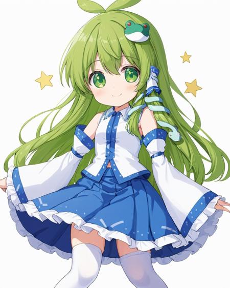 kochiya sanae,1girl, solo, smile, frog_hair_ornament, white_background, detached_sleeves, simple_background, blue_skirt, hair_tubes, snake_hair_ornament, wide_sleeves, looking_at_viewer, closed_mouth, white_thighhighs
<lora:kochiya_sanae_image8584_2023-12-17:1>,star-shaped_pupils,symbol-shaped_pupils,. gorgeous,key visual, vibrant, studio anime,award-winning, professional, highly detailed,high budget, cinemascope