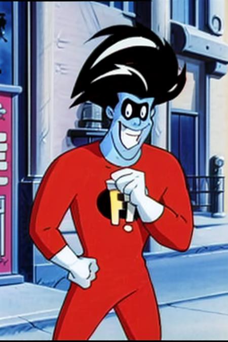 <lora:Freakazzoid:0.8>1boy, black hair, blue skin, clenched hands, full body, grin, male focus, parody, red shirt, simple background, solo, on the street, cartoon, screenshot from the 1983 film,