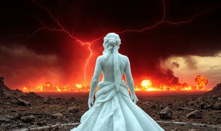 (photo of lot's wife being turned into a frozen salt figure, view from behind, solo), the city of sodom in the distance is engulfed in flames, everything is a complete wasteland, the sky is black with smoke, neon red bolts of lightning over the enflamed city, explosions in the distance