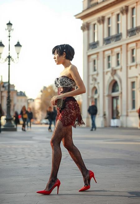 walking norvegian  slender Girl, cotton candy very short black hair, large breast, lean slender (thin:1.2). Wearing lace corset stockings (crimson red high heels:1.2), sunny morning (Paris Place de la Concorde), side view <lora:polyhedron_skinny_all:0.4> <lora:LowRA:0.15>  <lora:add_detail:0.85>, RAW photo, full sharp, detailed face (high detailed skin:1.2), 8k uhd, dslr, soft lighting, high quality, film grain, Fujifilm XT3