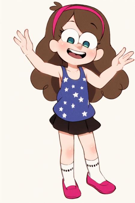 <lora:MabelPinesV0.2:1> mabelpines, 1girl, long hair, brown hair, hairband, dot eyes, smile, braces, tank top, star print, skirt, socks, simple background