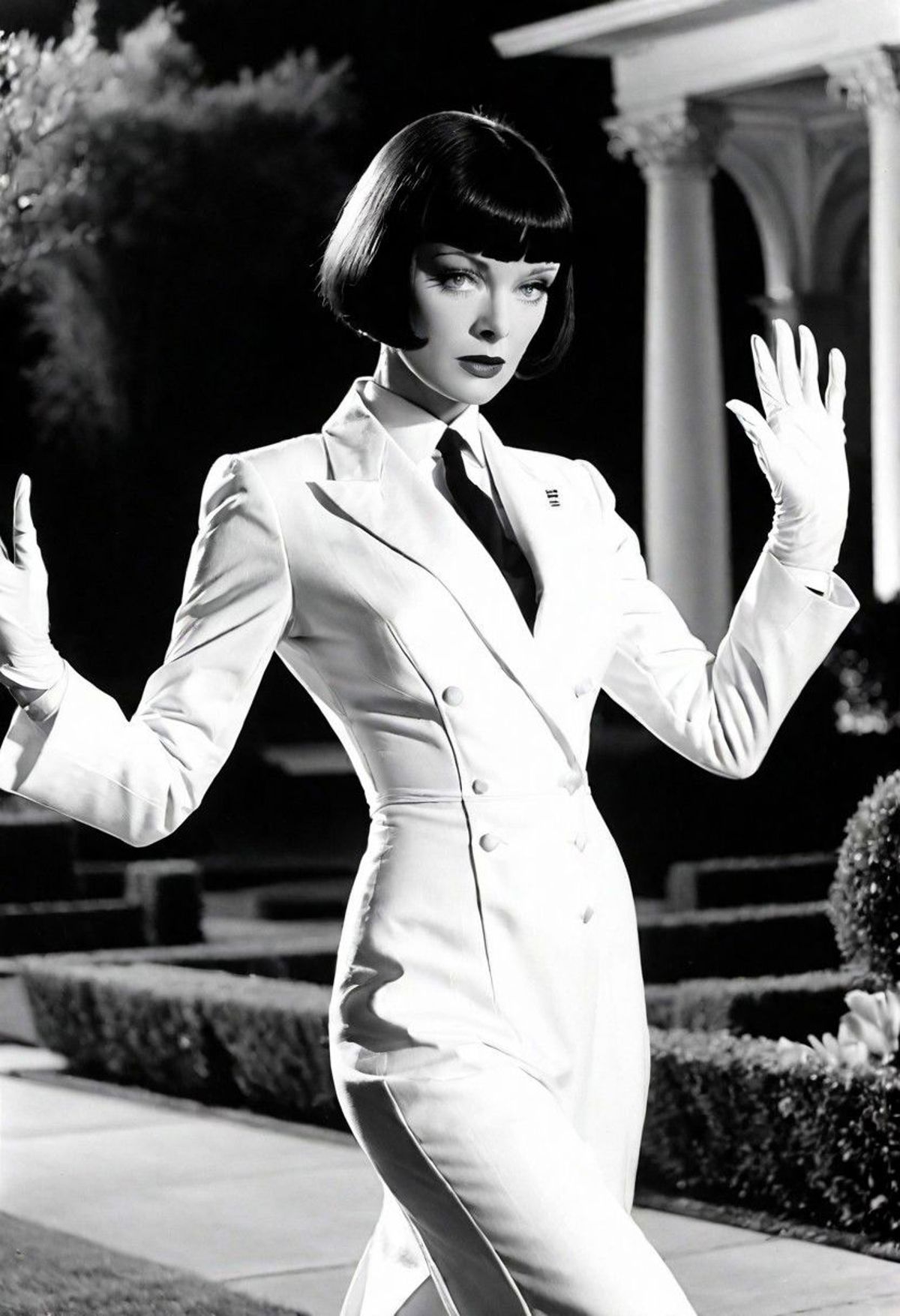 A woman wearing a white suit and tie stands in a garden.