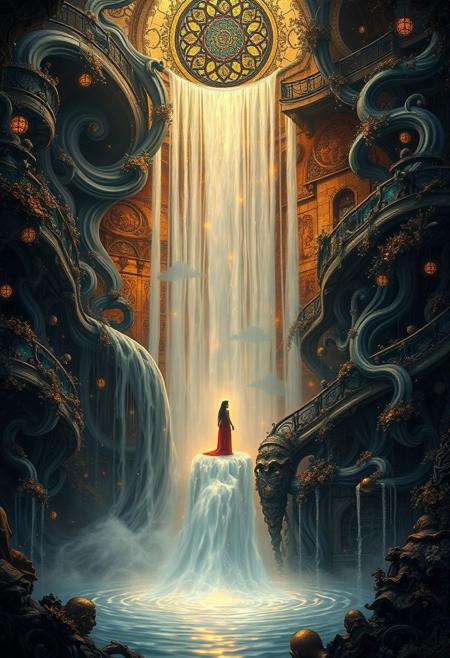 A waterfall glowing in shades of soft silver and gold, cascading down into an endless dreamlike pool
gothic surreal portrait, intricate baroque detailing, fluid organic architecture, rich jewel tones, dramatic chiaroscuro lighting, swirling abstract patterns, melancholic ethereal figures, flowing hair and elaborate costumes, gold accents and stained-glass textures, dreamlike cityscape, surreal fantasy symbolism, organic spirals and mosaic-like designs, gothic romance meets vibrant expressionism