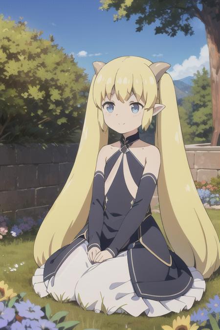 <lora:CuV1.2:.6>, cu, 1girl,  blonde hair, blue eyes, twintails, horns, pointy ears, very long hair,  solo, dress, outdoors, scenic, flowers, closed mouth, 