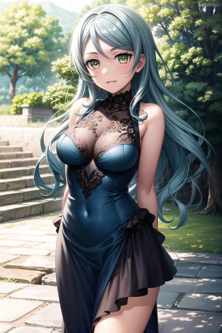 (masterpiece, best quality, ultra-detailed), (illustration), (beautiful detailed eyes), <lora:add_detail:0.6>,
(1girl), (solo), hikawa sayo, long hair, (aqua hair:1.2), (green eyes:1.1), hair ornament, <lora:SayoV1:0.5>
(dress, frills:1.3)
(outdoors, greenary:1.2)
looking the viewer, smile, parted lips, (standing:1.5),  (arms behind back:1.3), (cowboy shot),