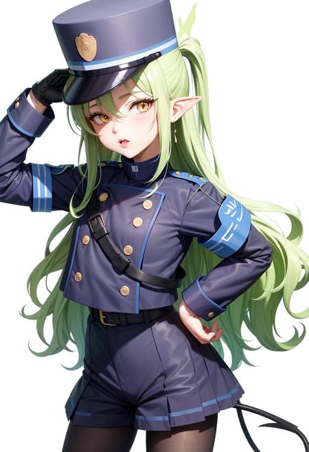 highlander_sidelocks_conductor_\(blue_archive\), 1girl, highres, white_gloves, pointy_ears, green_halo, peaked_cap, black_hat, demon_tail, white_pantyhose, pleated_skirt 1girl, highres, pointy_ears, peaked_cap, long_sleeves, white_gloves, white_pantyhose, black_hat, highlander_twintails_conductor_\(blue_archive\), green_halo, demon_tail