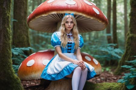 Hyperrealistic art hyperrealistic raw-photo, 64k, photo of Alice in Wonderland, sitting on a giant mushroom, in a forest, cinamatic light, bright colors, perfect face,  <lora:add_detail:1> . Extremely high-resolution details, photographic, realism pushed to extreme, fine texture, incredibly lifelike
