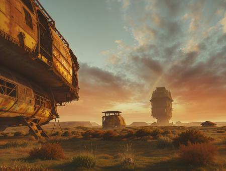 a large rust (vertical spaceship:1.2) in the middle of a field, highly detailed cgsociety, post apocalyptic wasteland, the last wanderer of earth, beautiful decay, the origine of cybertimes, blurred object in the foreground, (dof:1.3), <lora:oltopia_yiu_v10:0.6>