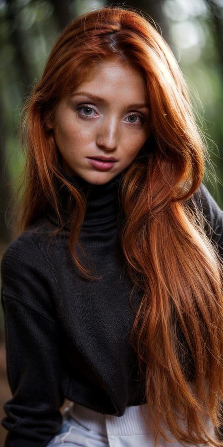 A stunning intricate full color closeup headshot of red_fox, (1girl:1.4), solo,
(full-body shot:1.2), posing, (upper body:1.6),
front view, centered,
detailed face, detailed body,
(fit body), (perfect antomy:1.3),
beautiful hair,
a woman, outdoors, in the (wilderness:1.2), modelshoot style,
 wearing a (black turtleneck-jacket:1.4) and (pants:1.2), 
looking at the viewer,
(ginger hair), cute smile,
(natural light), 
((sharp face, detailed face, realistic face, naturtal skin, realistic skin, detailed skin, pores, detailed eyes,realistic eyes)),,
depth of field,
((cinematic light)), colorful, hyper detail,
masterpiece, photorealistic,detailed, intricate, highly detailed eyes, sharp focus on eyes,
<lora:red_fox:1>, <lora:add_detail:0.6>,<lora:more_details:0.5>,