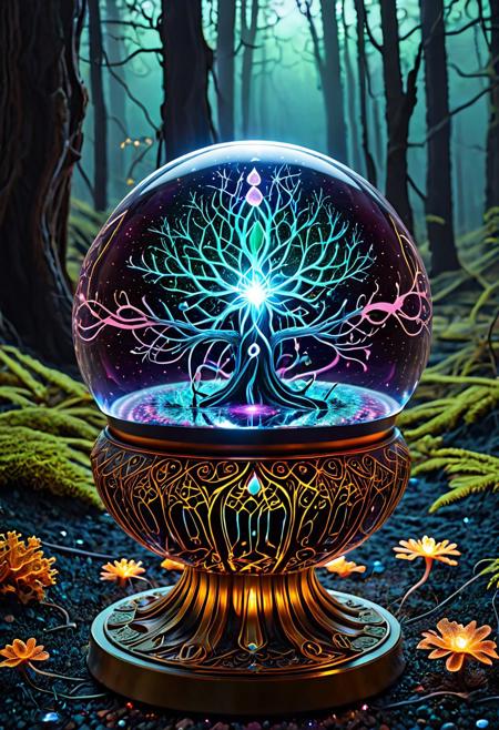 (masterpiece, best quality, highres:1.2), (photorealistic:1.2), (intricate and beautiful:1.2), (detailed light:1.2), (colorful, dynamic angle),
A hyper-realistic close-up of a crystal ball, resting on a weathered colorful pedestal, pedestal made of carbon, pedestal is carved with intricate runes, runes glowing faintly in amber, detailed,
BREAK inside the crystal ball, a floating pink heart made of carbonfiber, electricity appears to shock the heart from the edges of the crystal ball, with subtle flickers of light illuminating the swirling smoke patterns,
BREAK 1girl, mage, wearing an intricately detailed robe, v-neck robe, no bra, small breasts, holding hands over crystal ball, 
BREAK Background, Dramatic lighting, rolling fog, intense highlights, deep shadowy contrasts, creating a powerful, moody atmosphere, Hyperdetailed textures, glowing ember effects, intricate reflections, in a spooky forest, depth of field,
organic armor shaped like insect shells and glowing mycelium, helmet visor displaying bio-digital readouts, glowing spores drift around her, tracking luminous footprints across an alien terrain of fungal towers and crystal pools, masterpiece, high score, great score, absurdres, DonMX3n0XL
Style: Whimsical,
Color Palette: Warm, inviting colors; golden browns, 
Lighting: Soft and warm lighting to enhance the coziness
Aesthetic: Fun, charming, and delicious