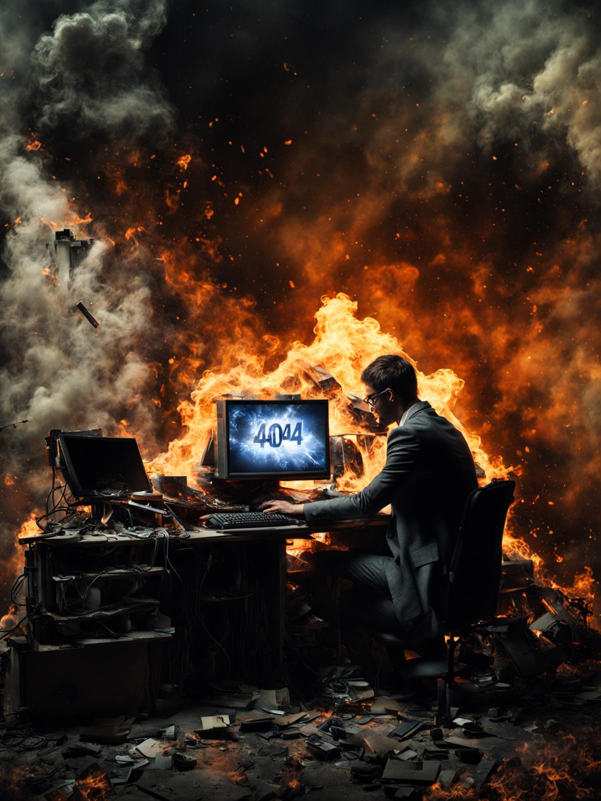 A man sitting at a computer desk with a monitor displaying the number 404 in front of a raging inferno.