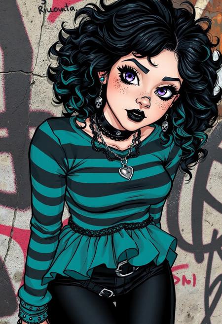 This image is a digital comic-style drawing of a young woman embodying a playfully rebellious aesthetic. She has thick curly black hair with vibrant teal streaks, styled in a tousled, voluminous manner. Her large, expressive amethyst eyes are accentuated with thick black cat-eye eyeliner and mascara with black lipstick. She is skinny but toned with small breasts and a small bubble but, pale skin and freckles, a youthful face with full lips. She has a small scar above her right eyebrow Her outfit is a gothic punk ensemble inspired by the 1980s London scene. She wears a teal and black striped long-sleeved top that covers her entire torso, with a black lace choker with a heart pendant made of tarnished silver. Her teal mini skirt features a ruffled hem with solid black leggings underneath, giving her outfit a playful yet rebellious vibe. She accessorizes with black high-heeled knee boots with a platform sole and buckles, a silver septum nose ring, and dangling silver earrings in the shape of skulls. She is leaning against a graffiti wall.