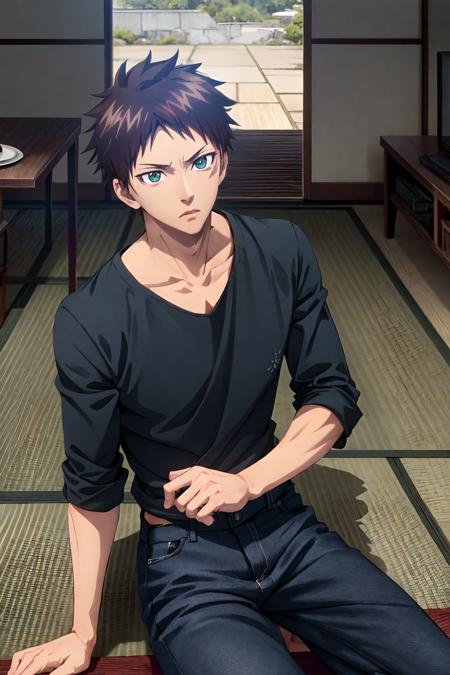 kunato hyouma\(mononogatari\), solo, looking at viewer, green eyes, brown hair, 1boy, male focus, black shirt, gray pants, indoors, tatami